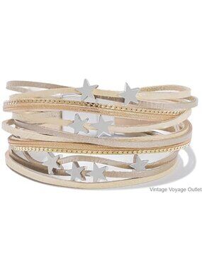 Genuine Leather Wrap Bracelet Stackable Boho Star Charm Magnetic Clasp